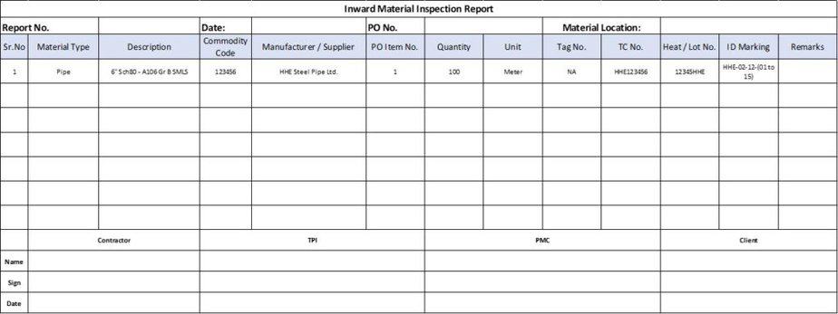 Inward Material Inspection Format for A106 Gr.B Pipe