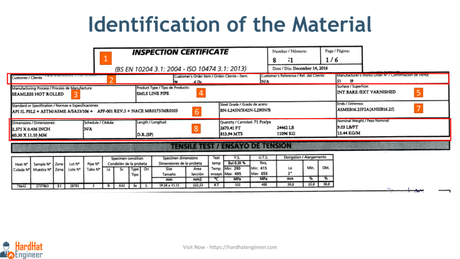 Seamless pipe material test certificate showing types of material.