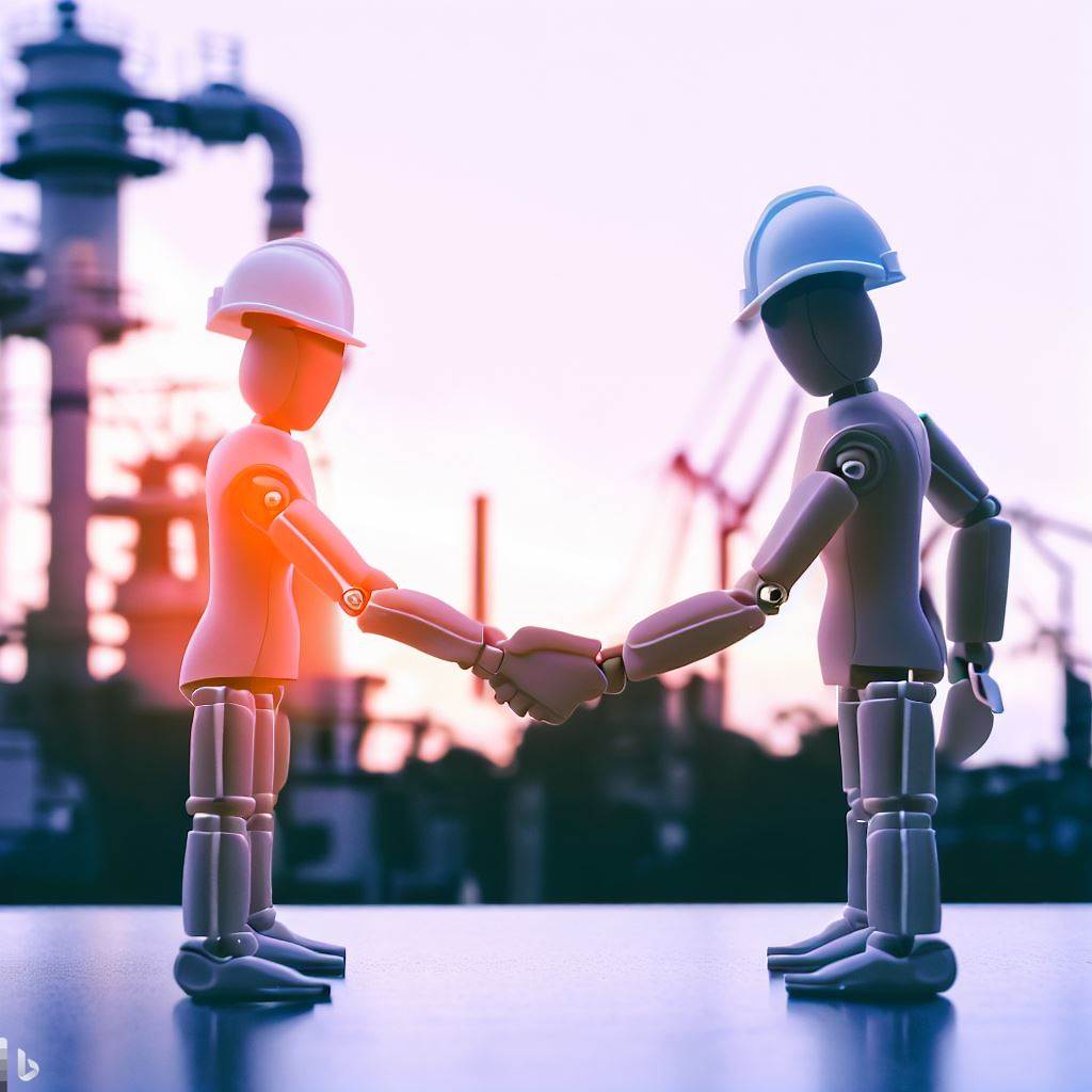 Two engineer human figure shaking hand after resolving conflict.